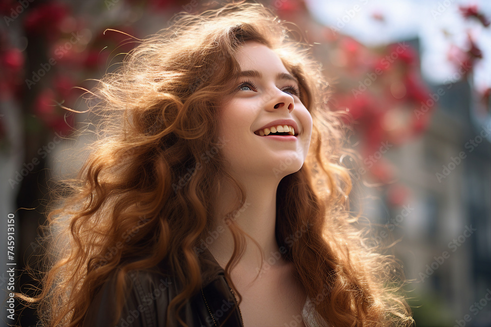 Fototapeta premium Creative Generative AI technology picture of happy people surrounded by spring blossom enjoying great day
