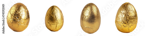 Golden textured decorative eggs in various angles, shining with a metallic finish on a transparent background.