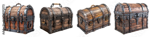 Set of realistic antique wooden treasure chests with metal accents on a transparent background. photo