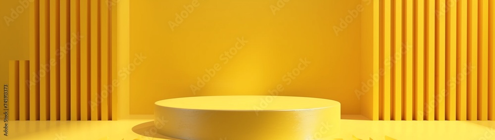 A 3D render featuring an abstract yellow composition with a podium.