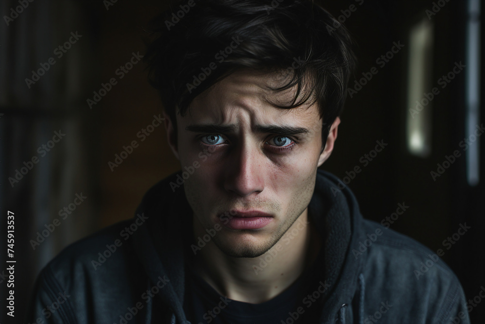 Fototapeta premium Depressed unemployed man losing his job sitting alone in dark light environment generative AI