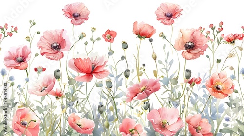 Beautiful floral set with watercolor hand drawn summer wild field flowers. Stock illustration. Clip art. Generative Ai © mahaart