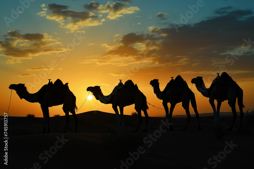 camels silhouetted against the setting sun on desert route