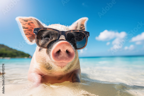 Funny animal cute pig in glasses on summer vacation enjoying tropical resort generative AI © Tetiana