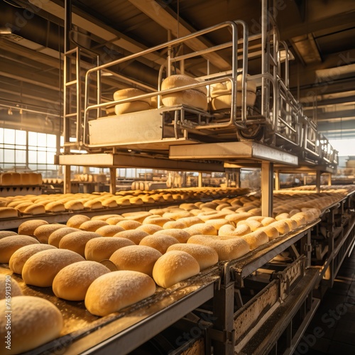 High-tech industrial bakery facility with automated equipment and workers engaged in the production process of baking a delicious loaf of bread, reflecting the modern food manufacturing industry.