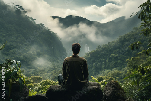 Generated with AI back view photo of man enjoying beautiful view