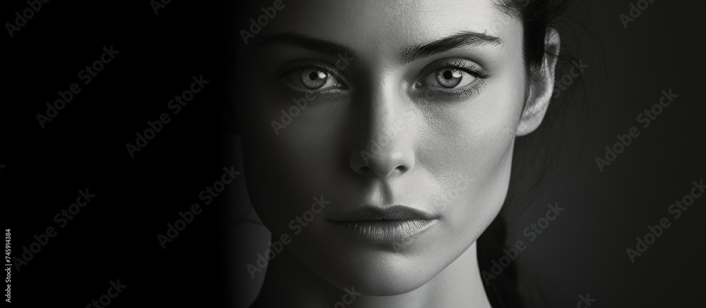 Elegant Woman in Monochrome Harmony with Black and White Background Elegant Woman in Monochrome Harmony with Black and White Background