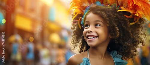 Vibrant Brazilian Girl Child Embracing Peaceful Carnival Spirit with Curly Hair