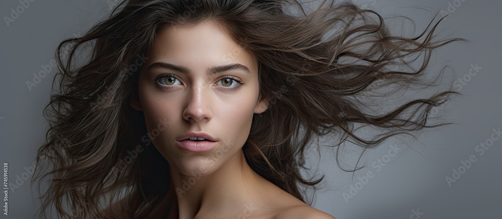 Fototapeta premium Sensual Woman with Flowing Hair Expresses Disgust against Gray Background