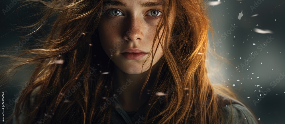 Enigmatic Beauty: Red-Haired Woman with Piercing Blue Eyes and Expressive Freckles