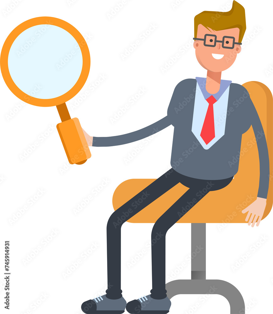 Office Worker Character Sitting and Holding Magnifier
