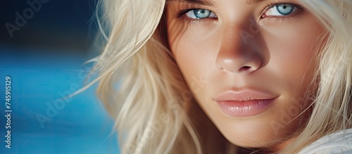 Mesmerizing Close-Up of a Lovely Woman with Striking Blue Eyes and Blonde Hair