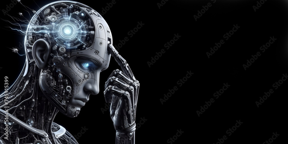 A robot thinking. isolated on black background A robot thinking. isolated on black background