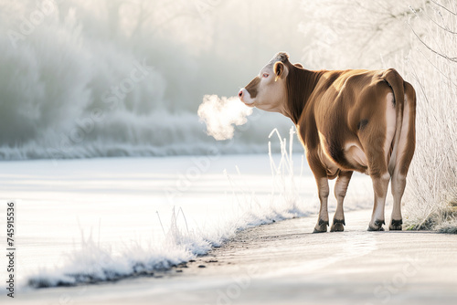 lone cow standing at the edge of an icecovered field, steaming breath photo