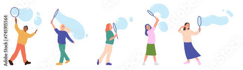 Diverse people cartoon character enjoying soap bubble party taking part in festive show isolated set
