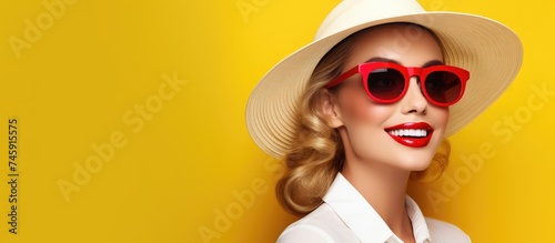 Stylish Woman with Hat and Sunglasses Posing for Selfies in Vibrant Yellow Background © Ilgun