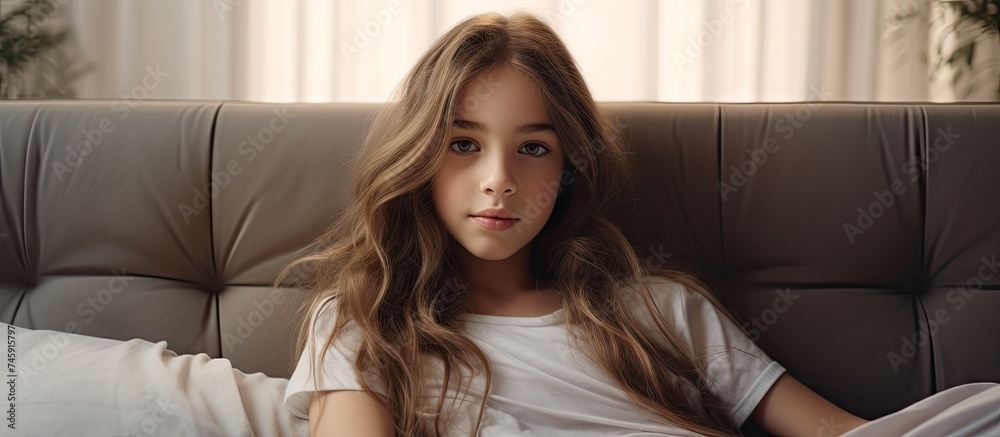 Serenity at Home: Young Woman Relaxing on Cozy Sofa with Hands on Chest Serenity at Home: Young Woman Relaxing on Cozy Sofa with Hands on Chest