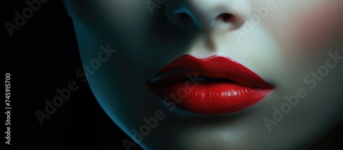 Elegant Woman Embracing Sensuality with Red Lipstick on a Dramatic Black Background