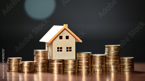 A model of a house on a pile of golden coins. - Financial business concept