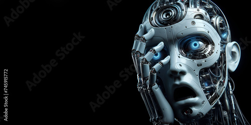 a robot with a hand on his face. isolated on black background