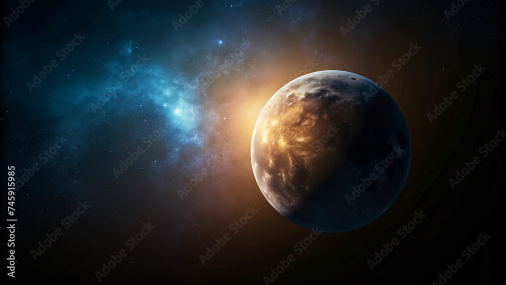 Planet in Space: A 3D depiction of the Earth and its natural satellite, the Moon, against the backdrop of the cosmos, highlighting their relationship within the universe