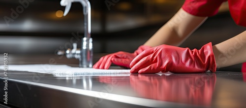 Detailed Cleaning: Person in Red Gloves Scrubbing and Polishing a Kitchen Sink photo