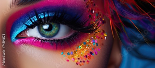 Intense Gaze: Close-up of Woman's Eye with Vibrant and Creative Makeup