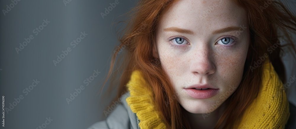 Fototapeta premium Expressive Young Woman with Red Hair Wearing Yellow Sweater Suffering from Exhaustion