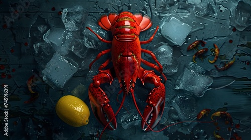 Top view of whole red lobster with ice and lemon on a dark background. Top view, digital ai art 