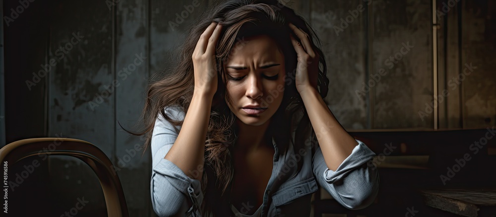 Fototapeta premium Overwhelmed Woman Suffering from a Headache Desperately Clutches Head Amidst Stressful Situations