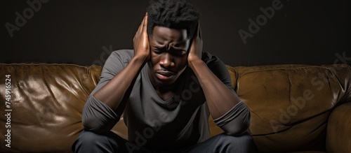 Struggling African man overwhelmed on sofa, holding head in disappointment