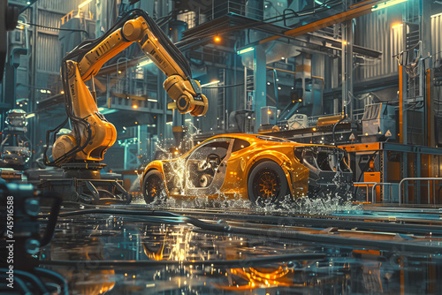 In a modern factory, a robotic arm pours molten aluminum water into the mold of the future car skeleton photo
