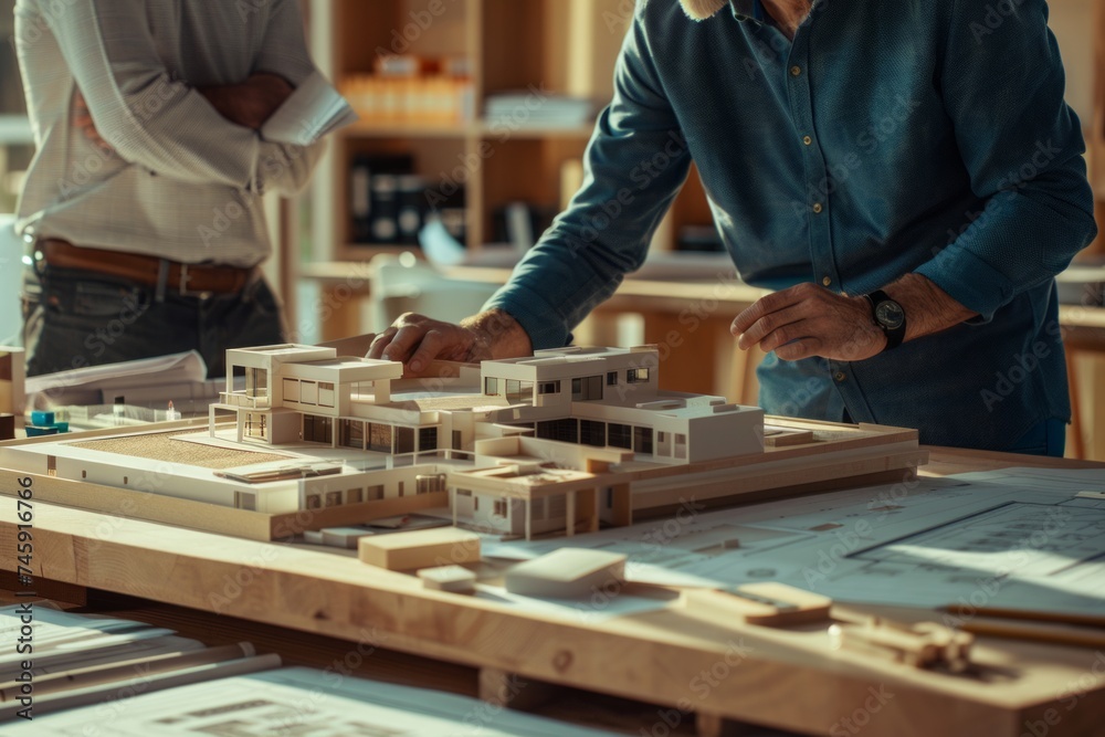 Architects discussing over a model building plan on a table.