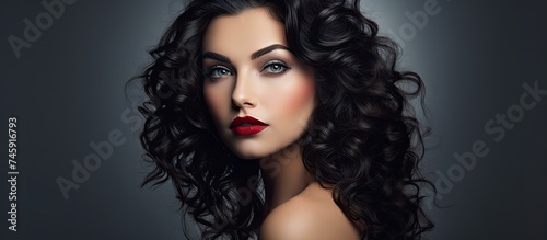 Sultry Vamp Woman with Luxurious Curly Hair and Bold Burgundy Lipstick