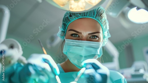 a dentist performing a dental procedure in dental clinic. Health care and medical background. Medical technology. Health check. Poster, banner, cover