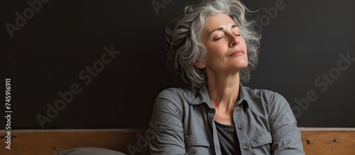 Elderly Woman with Grey Hair Resting on Bench, Appearing Fatigued and Sleepy in Morning Atmosphere photo