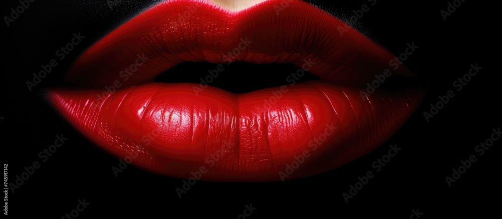 Seductive Red Lips with Intense Red Lipstick on Mysterious Black Background Seductive Red Lips with Intense Red Lipstick on Mysterious Black Background