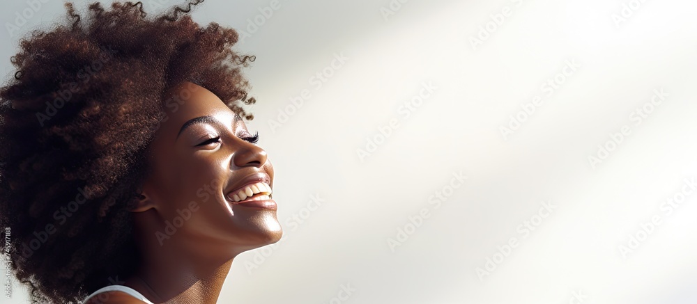 Confident African American Woman with Afro Hair Smiling in White Shirt
