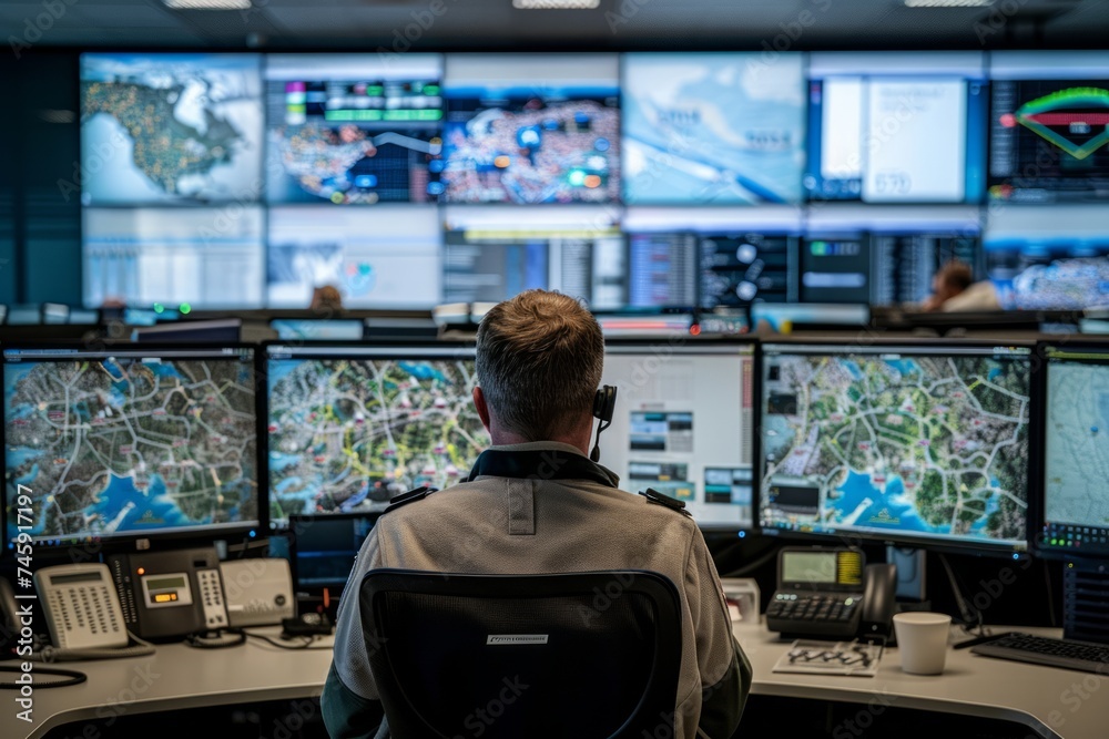 Security personnel monitoring multiple screens in a control room. Security personnel monitoring multiple screens in a control room.