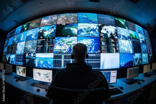 Security personnel monitoring multiple screens in a control room. © ParinApril
