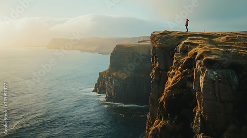 Um viajante contemplando a vista panorâmica do oceano em penhascos rochosos banhado pela luz do pôr do sol photo