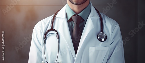 Confident Male Doctor Wearing White Coat and Tie Examining with Stethoscope photo