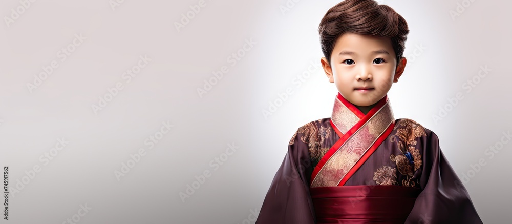 Traditional Korean Hanbok: Little Asian Boy Dressed as Geki in a Cultural Celebration Traditional Korean Hanbok: Little Asian Boy Dressed as Geki in a Cultural Celebration