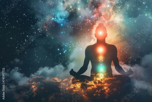 Meditating figure with illuminated chakras and cosmic background