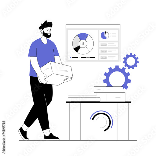 Financial data analysis, analytics concept. Working with data. A man with a stack of documents on the desk. Vector illustration with line people for web design.