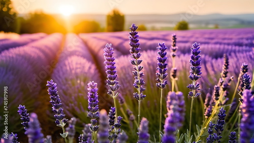 Lavender flowers at the golden hour, with the sun's rays filtering through. © Aksaka
