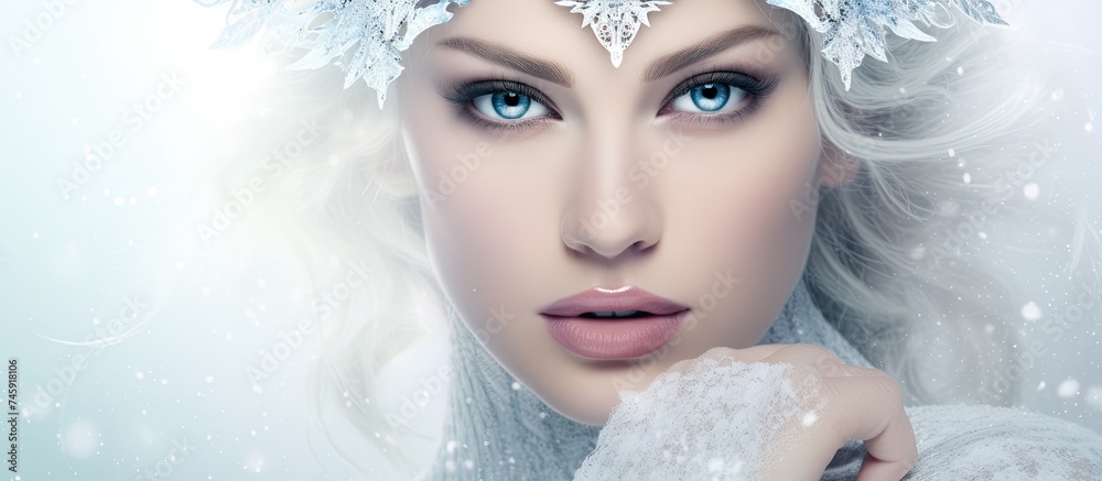 Elegant Snow Queen with a Crown of Snowflakes Standing in Winter Wonderland