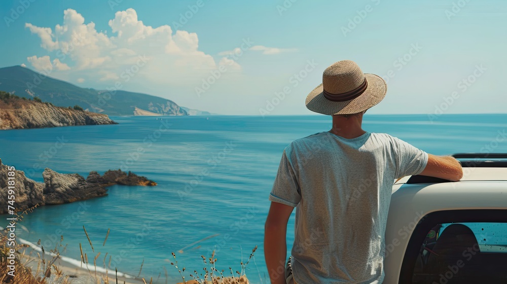 Travel banner. Young man traveler in a hat standing near his car during summer holiday on the sea. Road trip on vacation. 