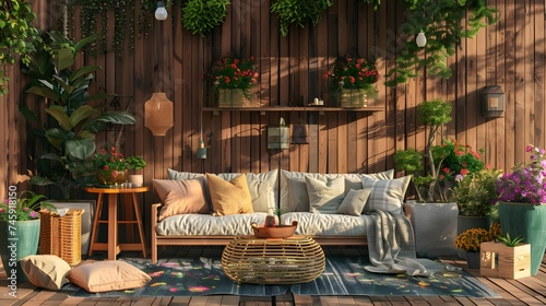 Terrace house with plants, wooden wall and table, comfortable sofa with pillows, flowers and lanterns. Cozy space in patio. Wooden verande with garden furniture. Modern lounge outdoors in backyard,