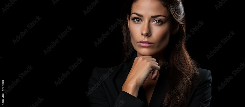 Contemplative Executive: Thoughtful Woman in Black Suit Posing with Hand on Chin